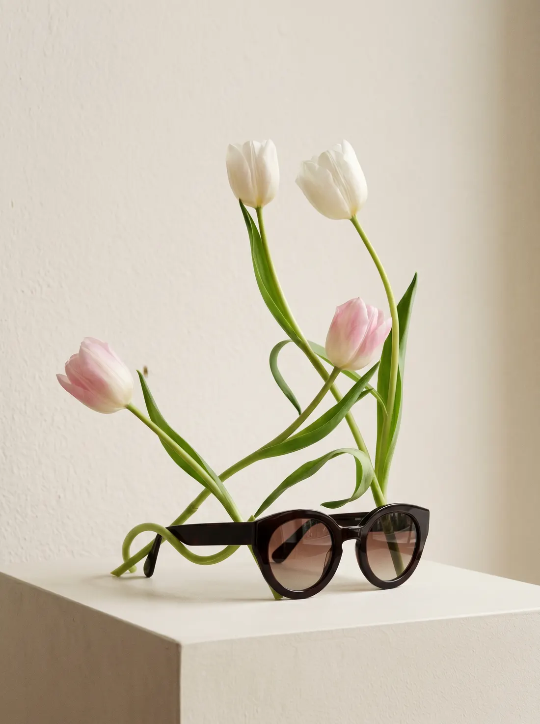 AI photography — eyewear, tulips still life