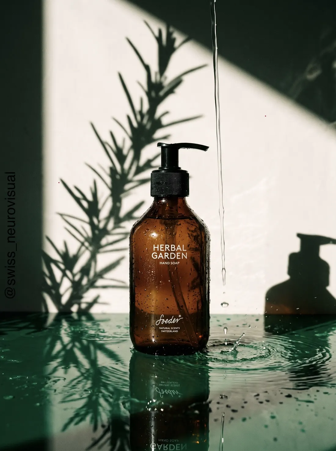 AI photography — hand soap, botanical shadows